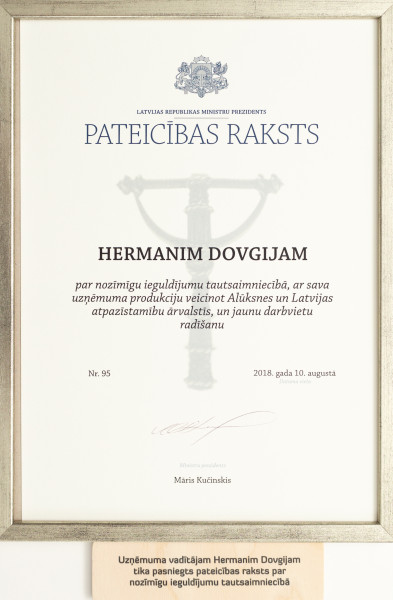 Pateicības raksts Hermanim Dovgijam